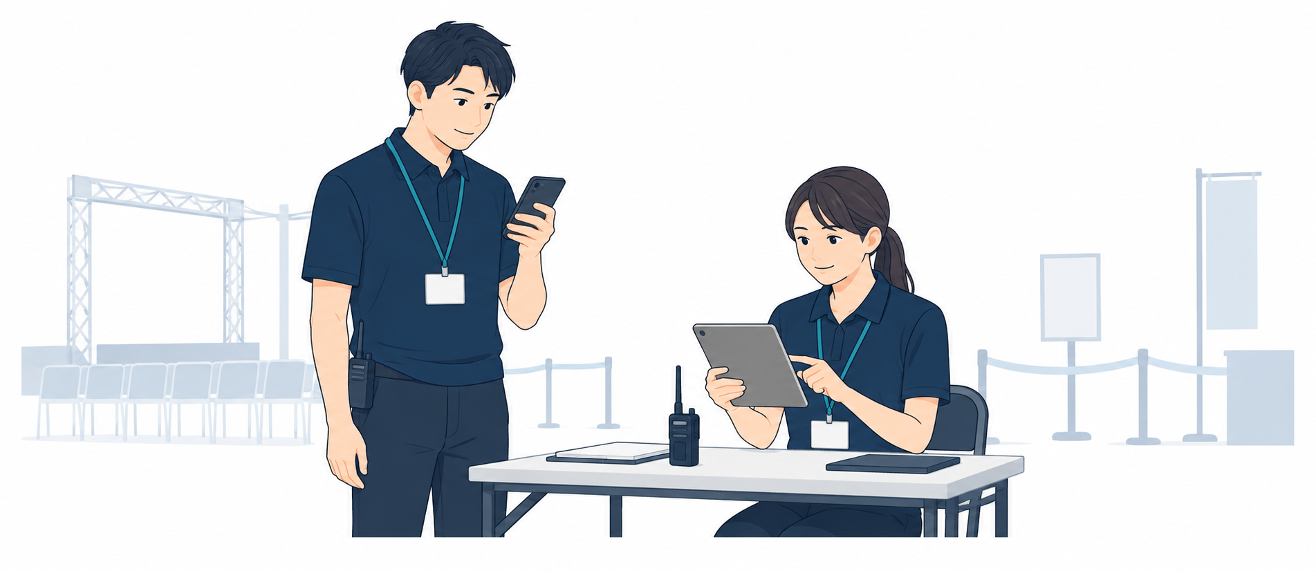 スマートフォンで作業を確認するスタッフと、本部でタブレットを確認する担当者のイラスト。